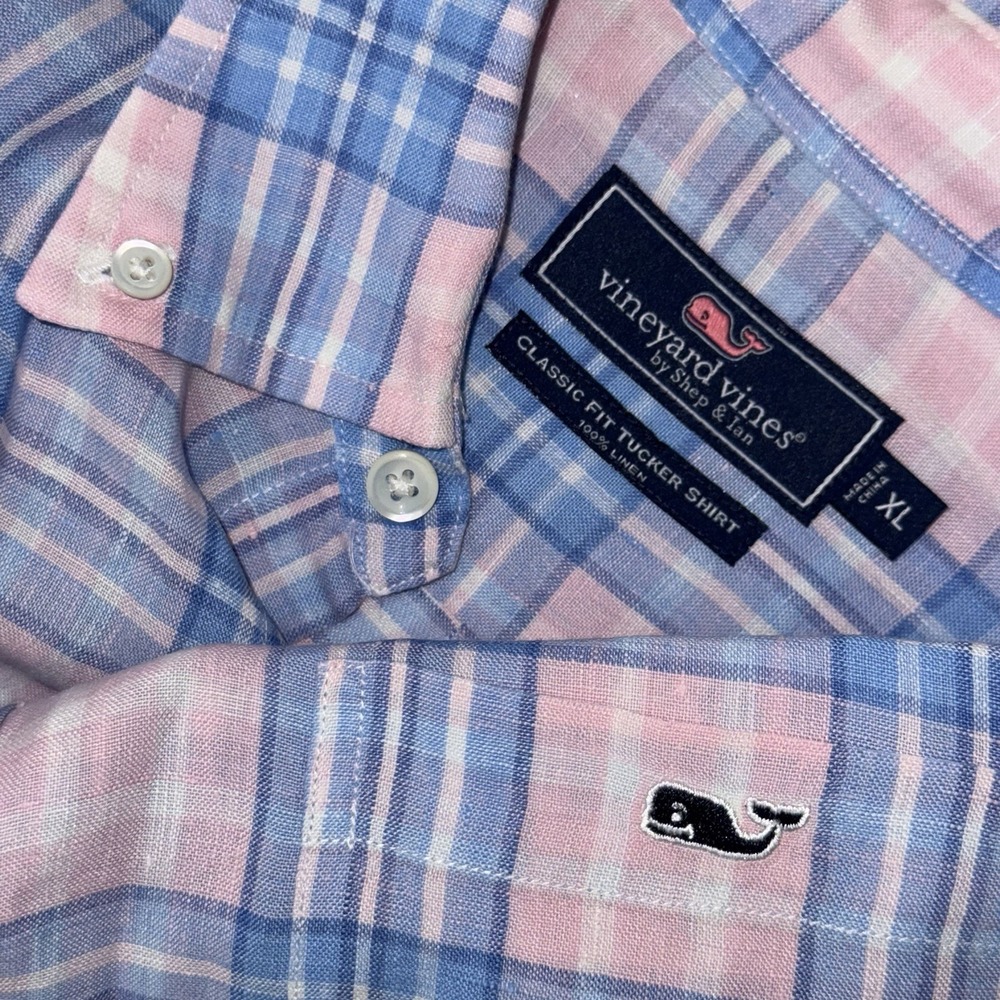 Vineyard Vines 100% Linen Classic Fit Whale Shirt Men's XL Pink Blue Plaid